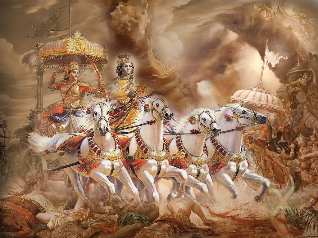 Krishna with Arjuna and horses on battlefield