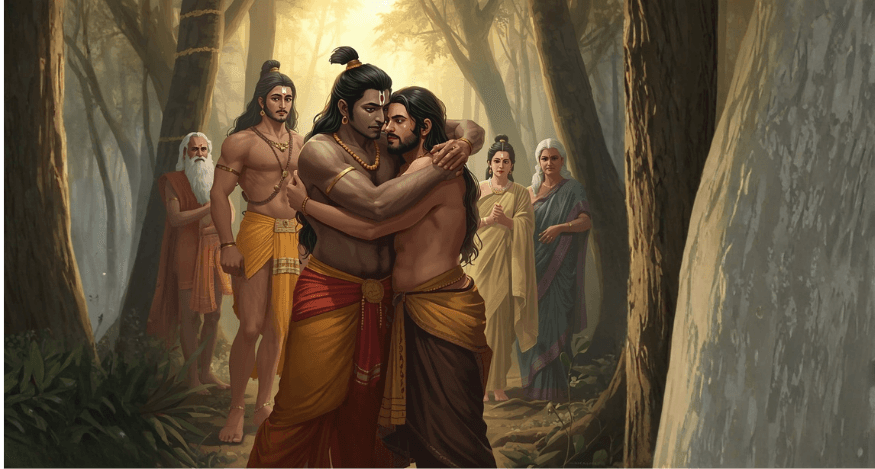 Bharat walking barefoot through forest to meet Shri Ram — Ayodhya Kand illustration