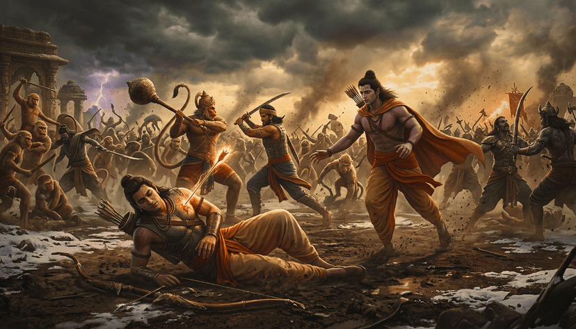 Blog highlight cover: Lanka Kand Part 4 | Lakshman Falls, Hanuman Rises — Meghnath strikes with his deadliest weapon. Lakshman falls unconscious and Hanuman begins a journey to get Sanjeevani booti.