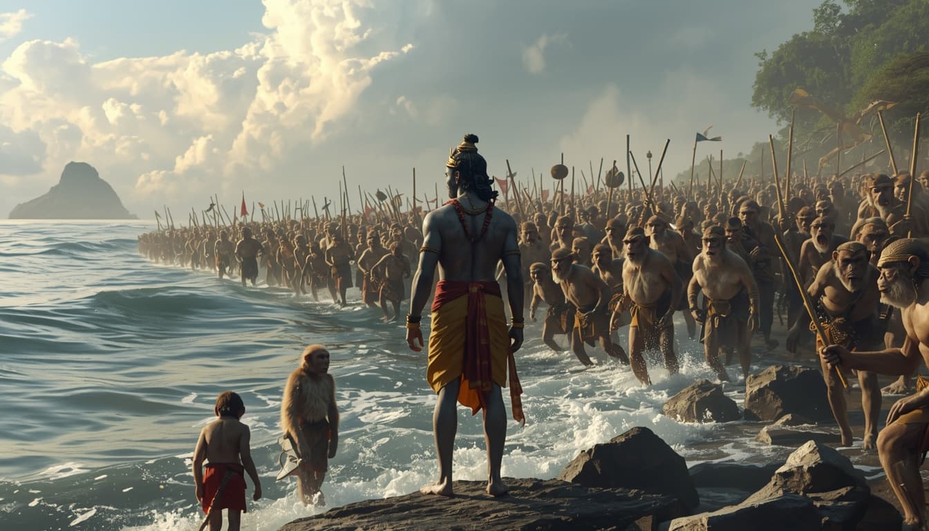 Shri Ram standing before the ocean - Sundar Kand illustration