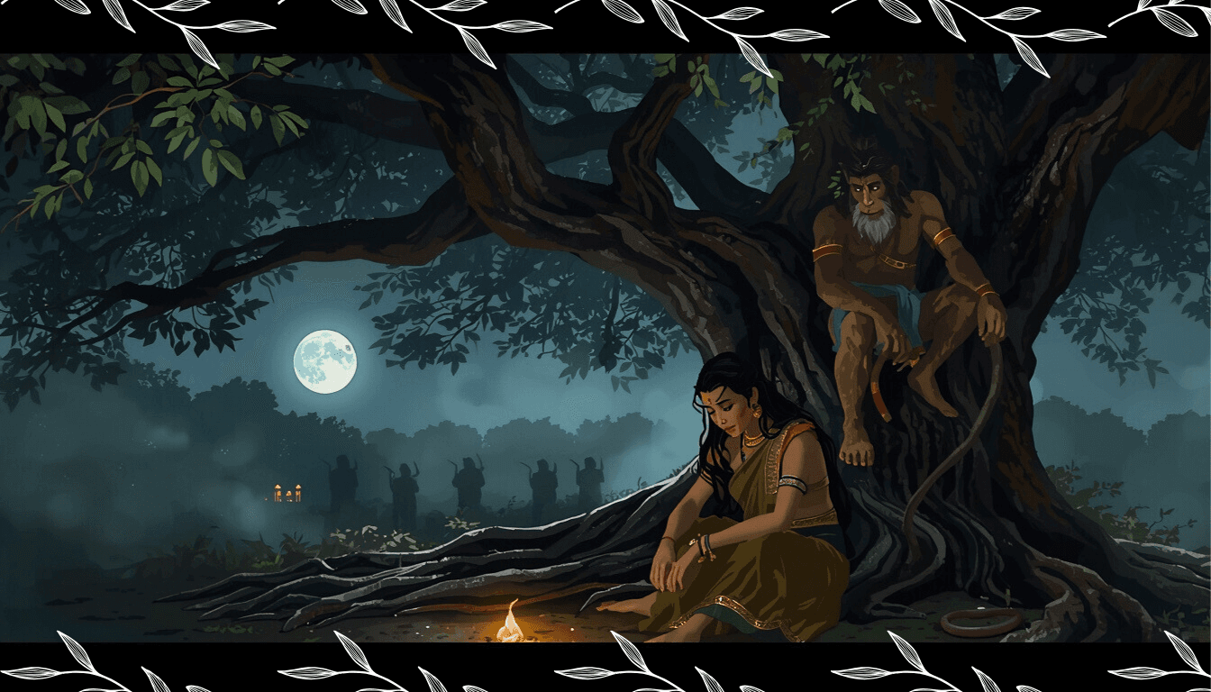 Hanuman watching Sita in Ashoka Vatika - Sundar Kand illustration