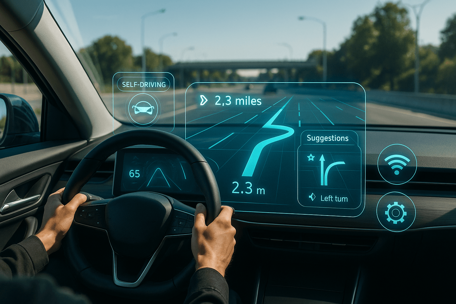 A person driving a futuristic car, with AI dashboard but hands on the wheel