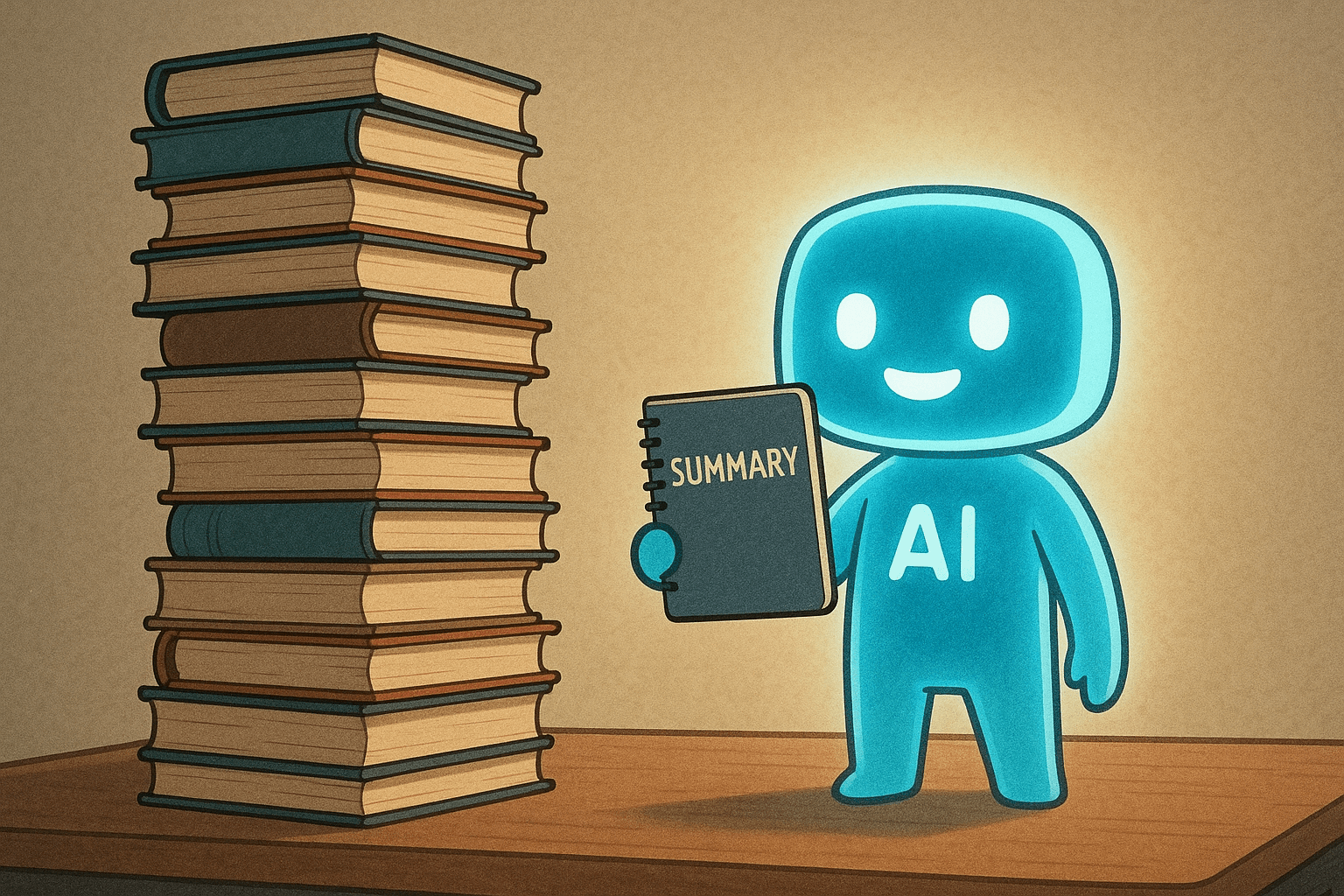 A giant pile of books on one side, a cheerful AI holding a summary on the other