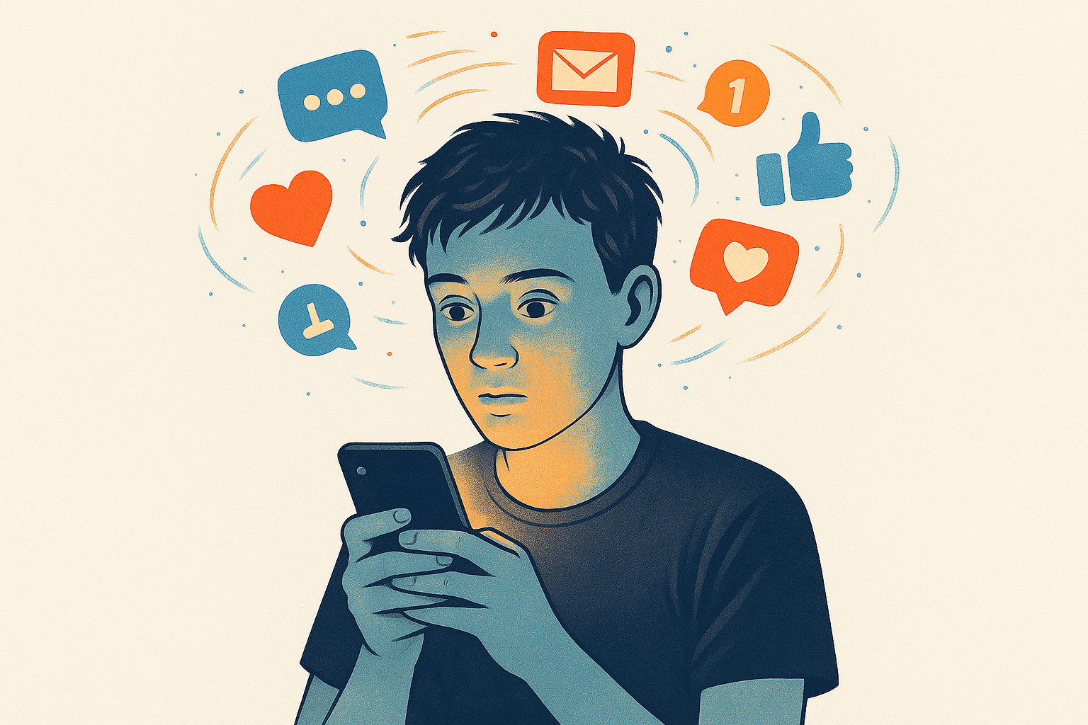 A person looking at a bright phone in a dark room with notifications swirling around.