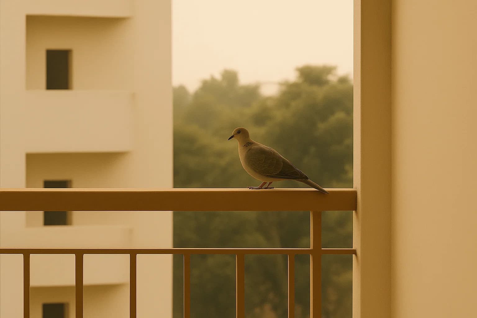 A simple balcony with just water pots and birds