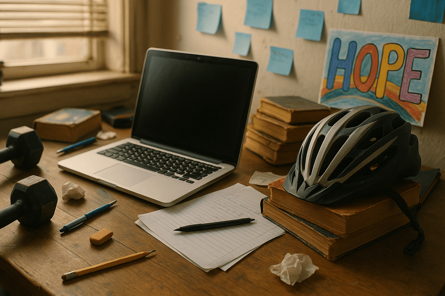 A creative brainstorming desk, full of sketches and ideas
