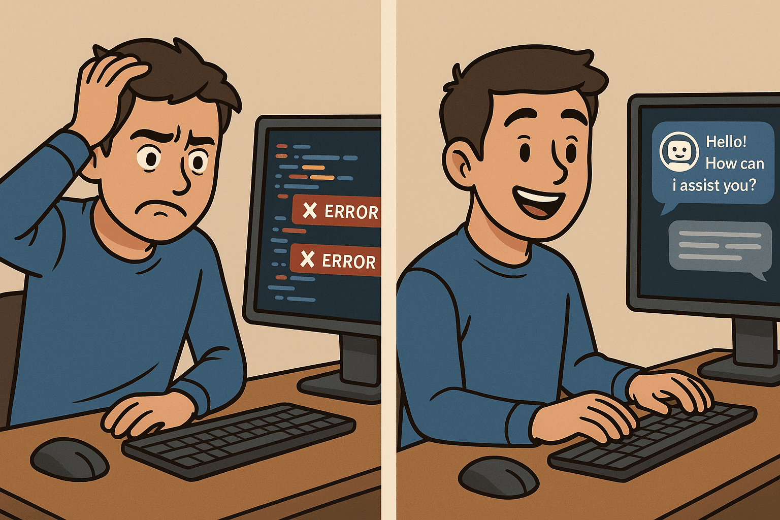 Person frustrated by code, then smiling with AI chatbot on the screen