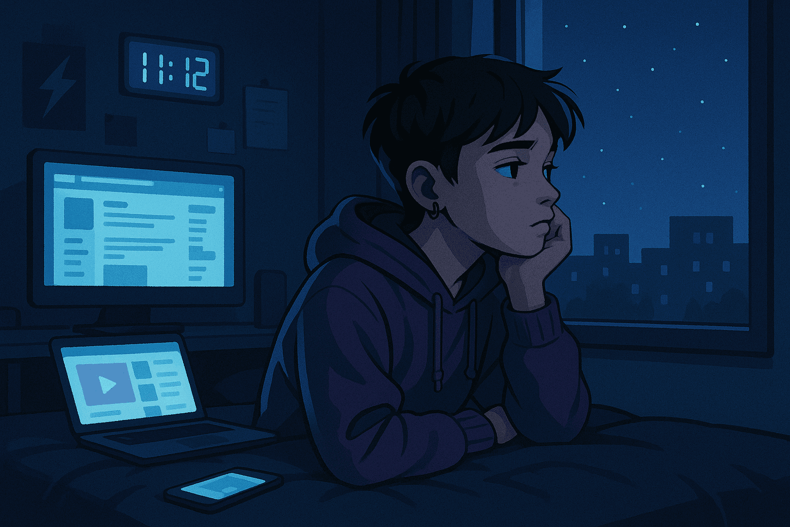 A Gen Z teen alone in their room, surrounded by digital devices, staring out the window.