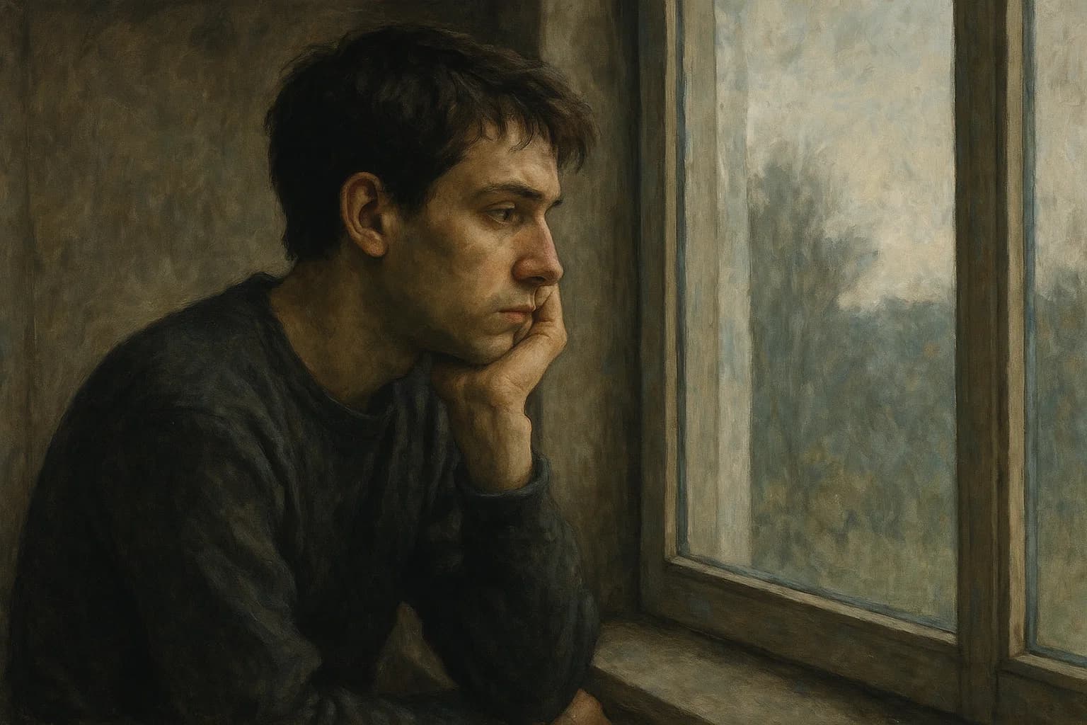 Introvert looking out the window, deep in thought