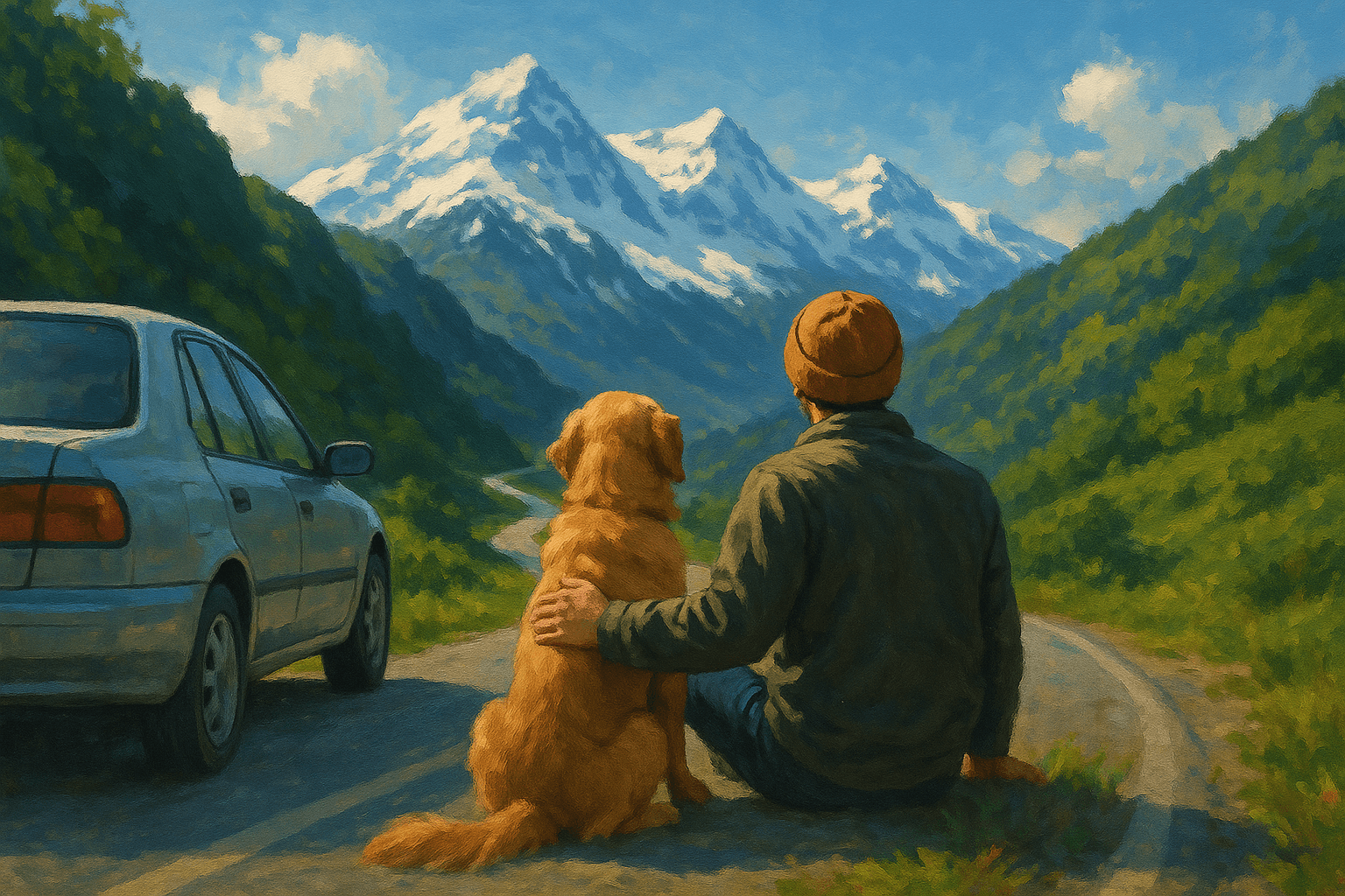 Car and dog on the road to the mountains—symbolizing escape and dreams
