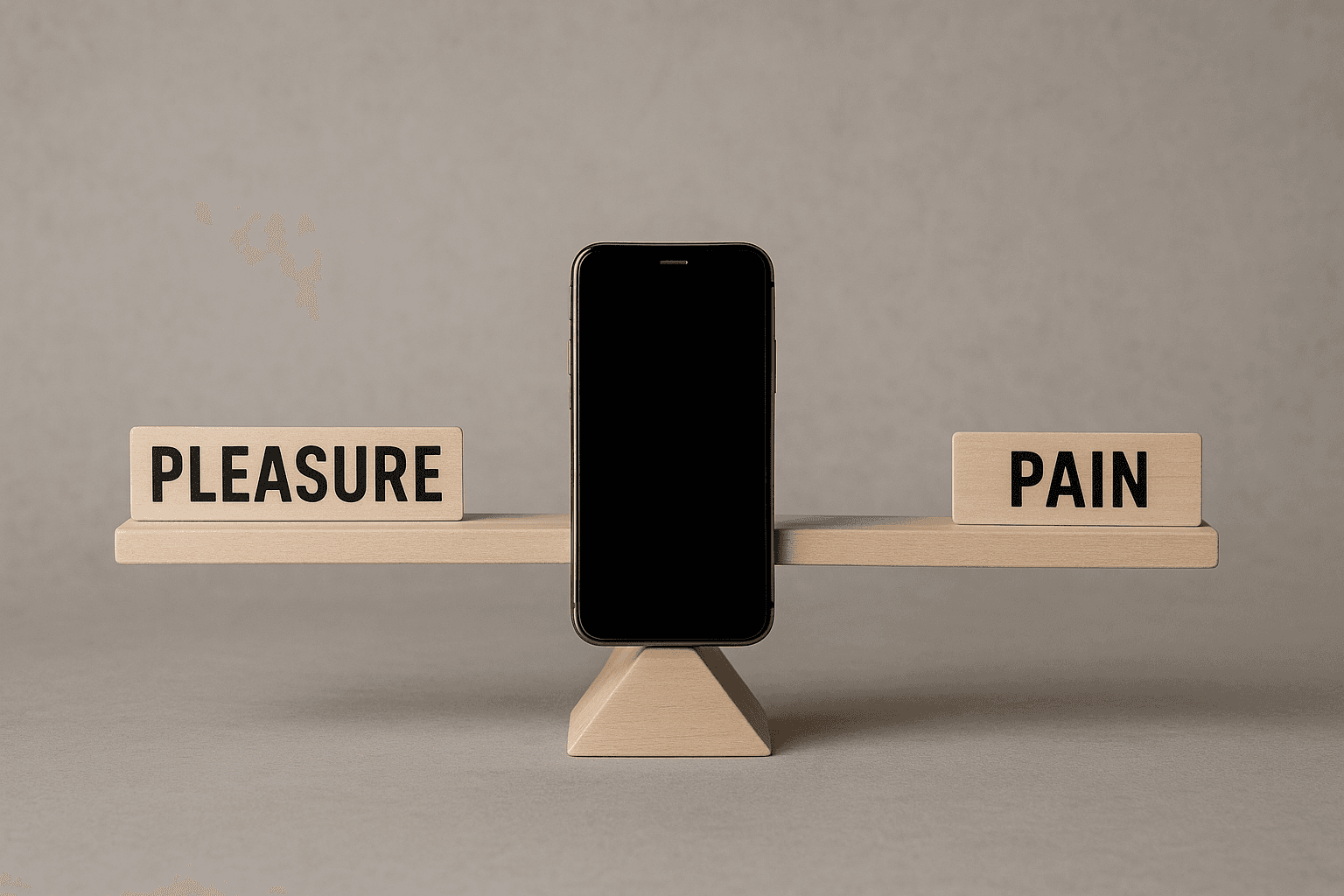 A seesaw with 'pleasure' on one side and 'pain' on the other, a phone balanced in the middle.