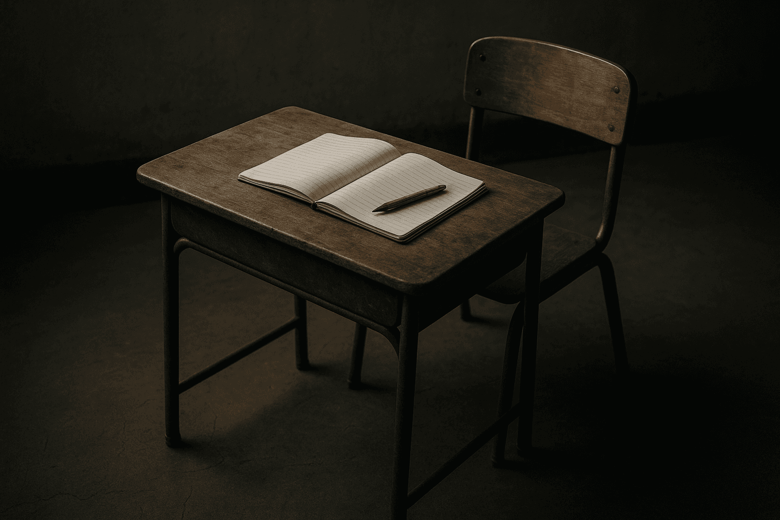 A desk with a notebook