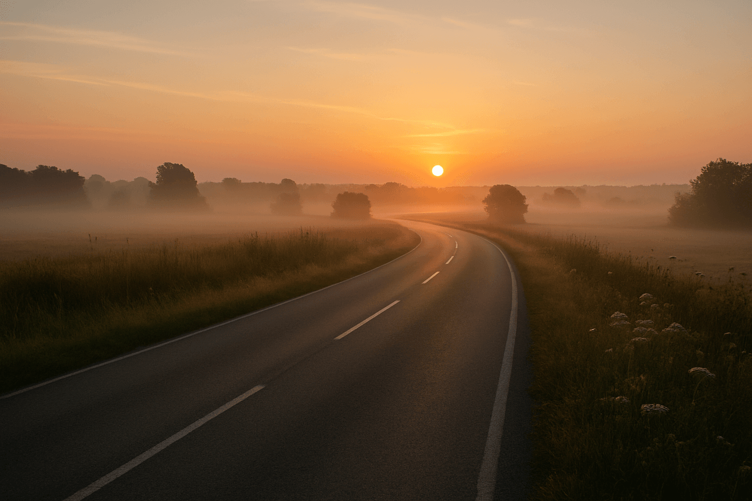 A peaceful, empty road at sunrise, symbolizing slow progress