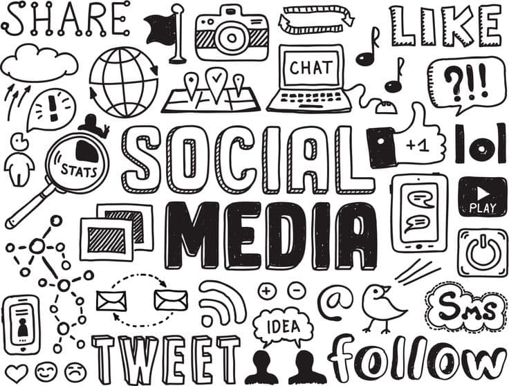 Students showing off in college, social media icons floating