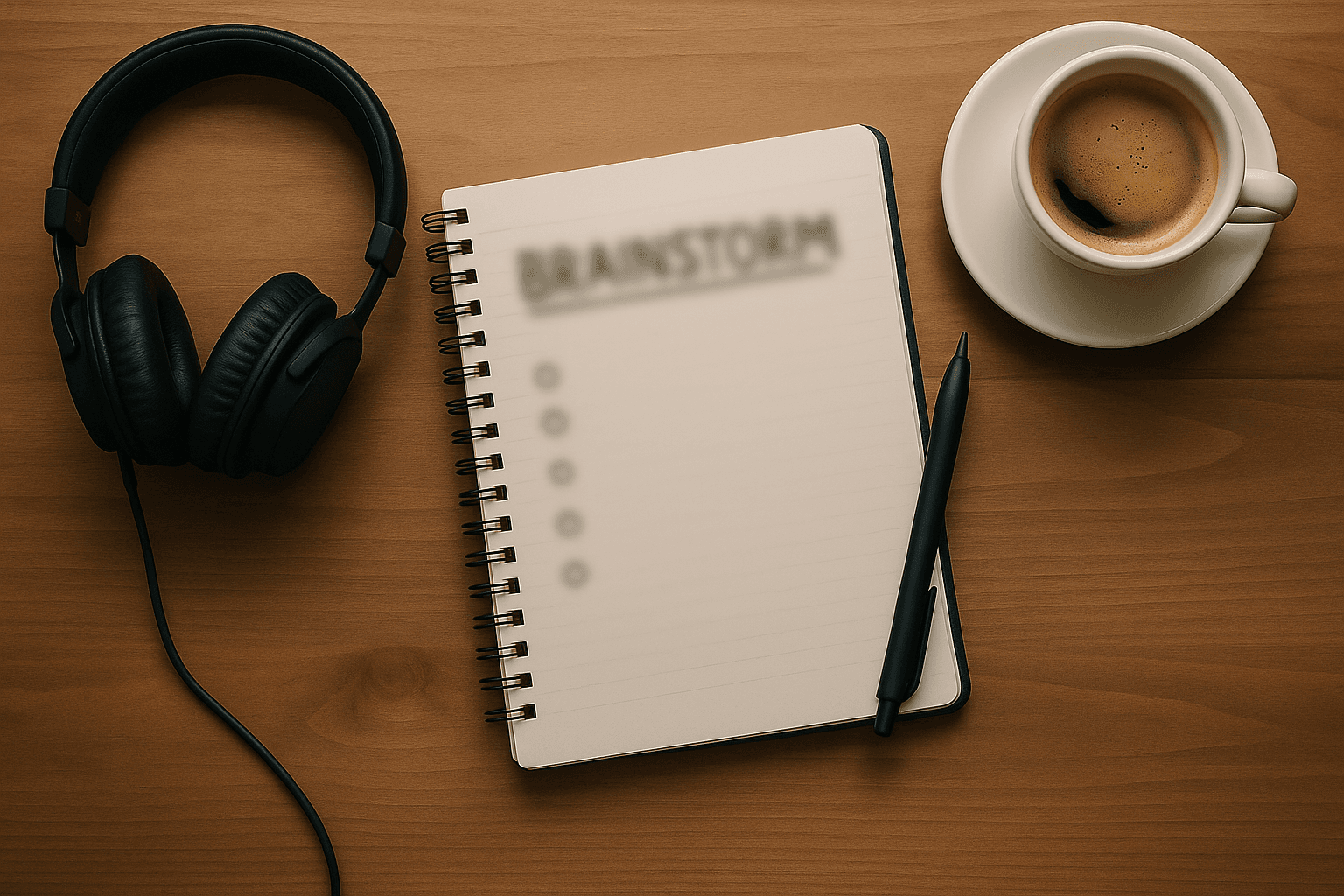 A desk with a notebook, coffee, and headphones - brainstorming mood