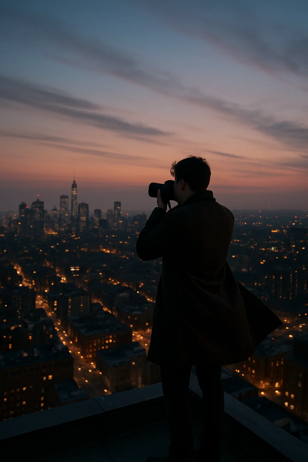 A young adult reflecting at night, city lights in the background