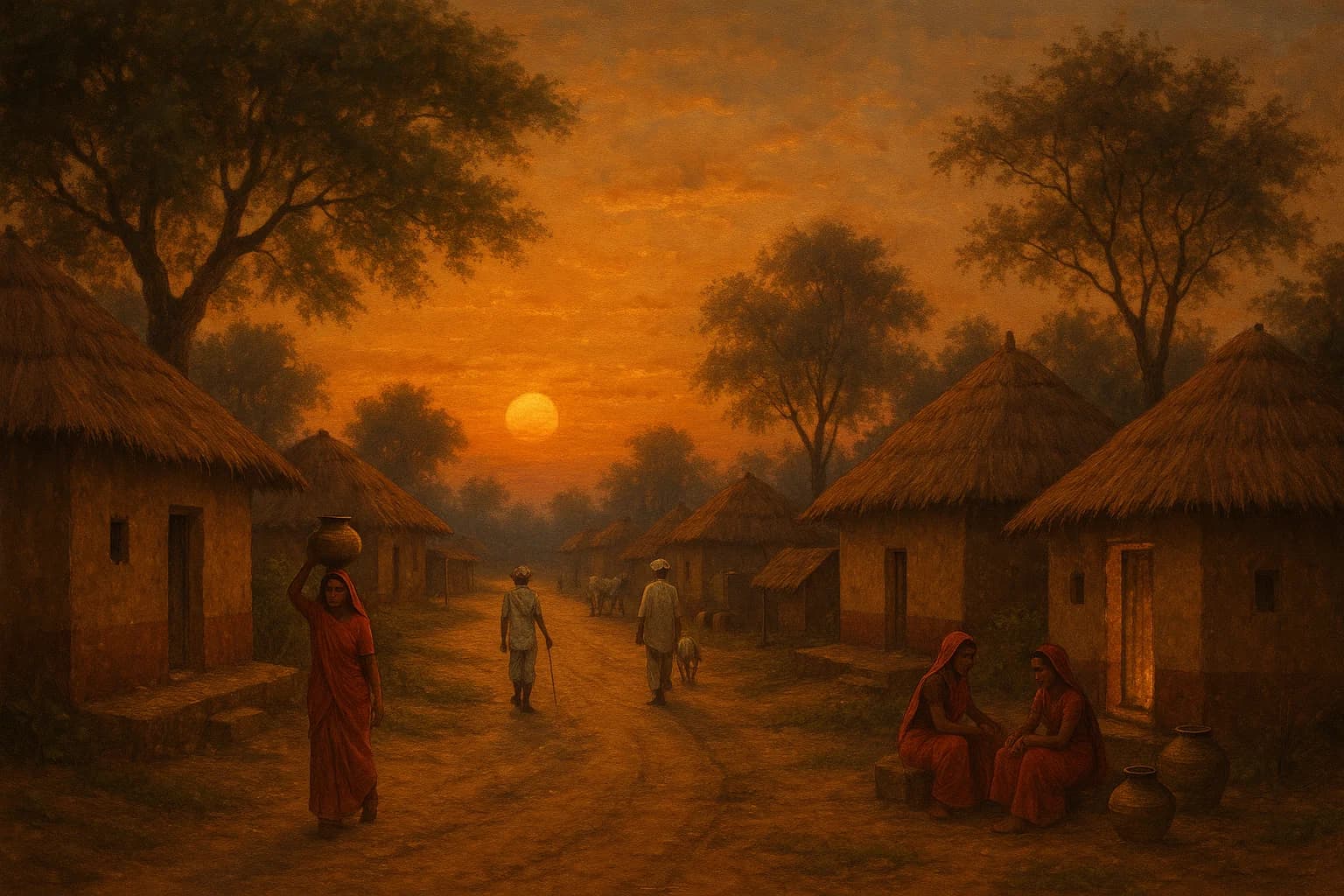 Village evening with people gathering and children playing